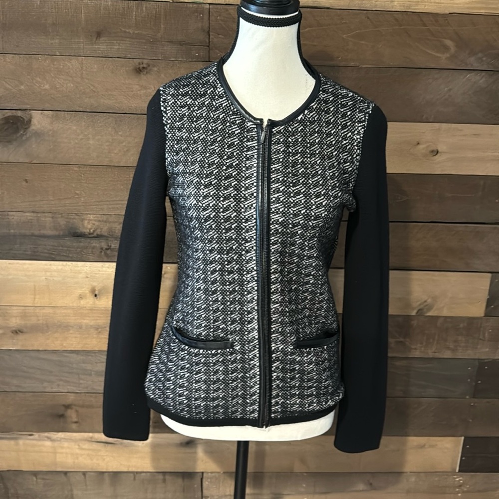 Talbots Women's Full Zip Merino Wool Black and White Cardigan Sweater Si…